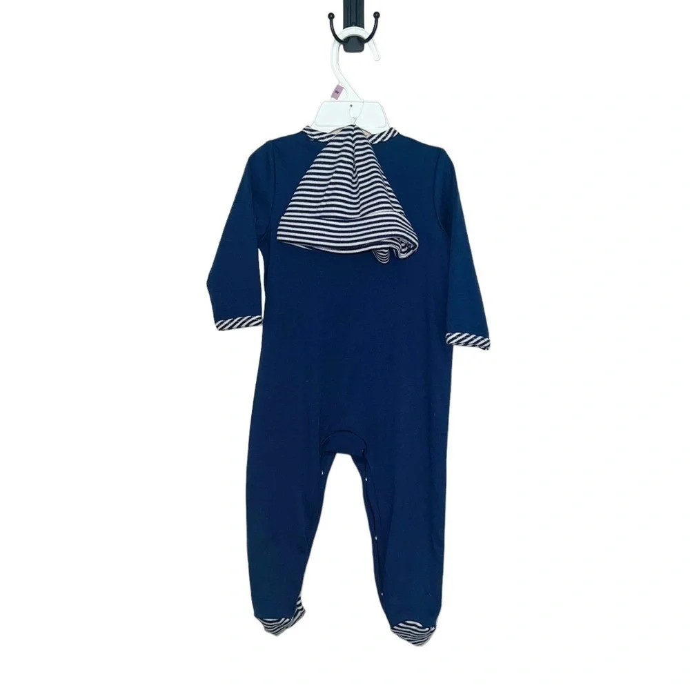 NWT Little Me Sailboats Footed One Piece And Hat Set Navy Blue
